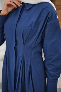 Beli Pileli Gömlek Yaka Gizli Düğmeli Elbise Lacivert