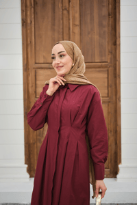 Beli Pileli Gömlek Yaka Gizli Düğmeli Elbise Bordo