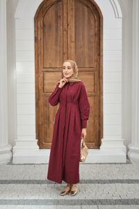 Beli Pileli Gömlek Yaka Gizli Düğmeli Elbise Bordo