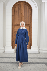 Beli Pileli Gömlek Yaka Gizli Düğmeli Elbise Lacivert