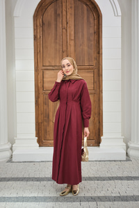 Beli Pileli Gömlek Yaka Gizli Düğmeli Elbise Bordo