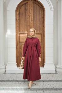 Beli Pileli Gömlek Yaka Gizli Düğmeli Elbise Bordo