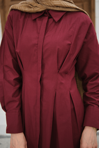 Beli Pileli Gömlek Yaka Gizli Düğmeli Elbise Bordo