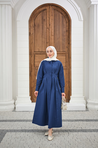 Beli Pileli Gömlek Yaka Gizli Düğmeli Elbise Lacivert