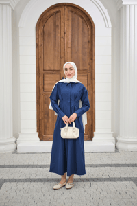 Beli Pileli Gömlek Yaka Gizli Düğmeli Elbise Lacivert