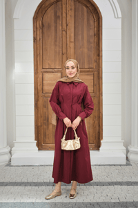 Beli Pileli Gömlek Yaka Gizli Düğmeli Elbise Bordo