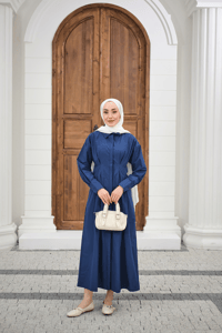 Beli Pileli Gömlek Yaka Gizli Düğmeli Elbise Lacivert