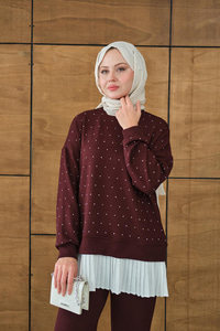 Beli Pileli Taşlı İkili Takım Bordo