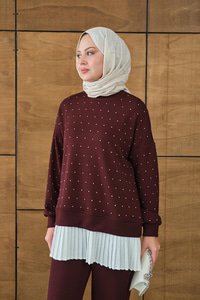 Beli Pileli Taşlı İkili Takım Bordo