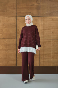 Beli Pileli Taşlı İkili Takım Bordo