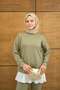 Beli Pileli Taşlı İkili Takım Haki Yeşil