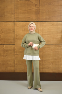 Beli Pileli Taşlı İkili Takım Haki Yeşil