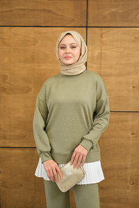 Beli Pileli Taşlı İkili Takım Haki Yeşil