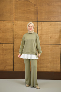 Beli Pileli Taşlı İkili Takım Haki Yeşil