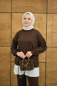 Beli Pileli Taşlı İkili Takım Kahverengi