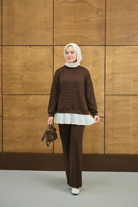 Beli Pileli Taşlı İkili Takım Kahverengi