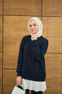 Beli Pileli Taşlı İkili Takım Lacivert