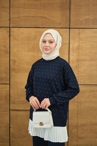 Beli Pileli Taşlı İkili Takım Lacivert