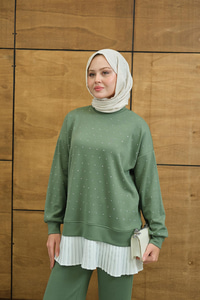 Beli Pileli Taşlı İkili Takım Yeşil