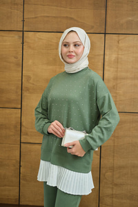 Beli Pileli Taşlı İkili Takım Yeşil