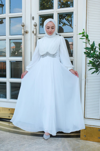 Beli Taş Detay Abiye Beyaz