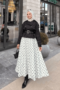 Benek Desen Detay Astarlı Etek Beyaz