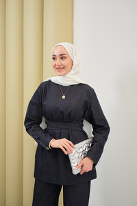 Bileği Fermuarlı Ön Yırtmaçlı Bel Bağlamalı Takım Lacivert