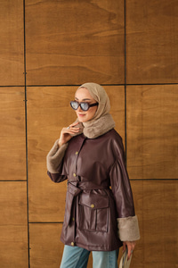 Bilek Ve Yaka Kürklü Deri Ceket Bordo