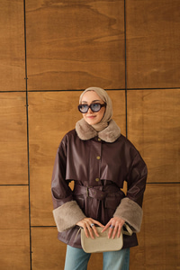 Bilek Ve Yaka Kürklü Deri Ceket Bordo