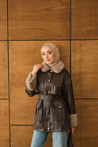 Bilek Ve Yaka Kürklü Deri Ceket Kahverengi