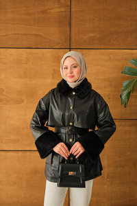 Bilek Ve Yaka Kürklü Deri Ceket Siyah