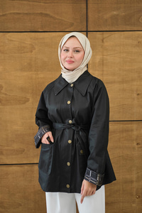 Bilekleri Ekose Görünümlü Trenç Siyah