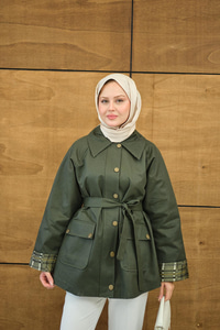 Bilekleri Ekose Görünümlü Trenç Yeşil