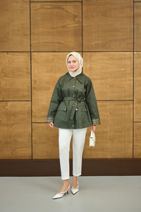 Bilekleri Ekose Görünümlü Trenç Yeşil