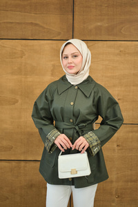 Bilekleri Ekose Görünümlü Trenç Yeşil