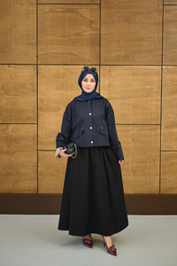 Bisiklet Yaka Astarı Desenli Çıtçıtlı Regular Gabardin Kısa Trenç Lacivert