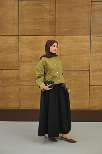 Bisiklet Yaka Astarı Desenli Çıtçıtlı Regular Gabardin Kısa Trenç Yeşil