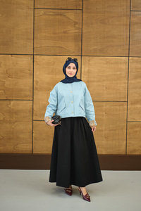 Bisiklet Yaka Astarı Desenli Çıtçıtlı Regular Gabardin Kısa Trenç Mavi