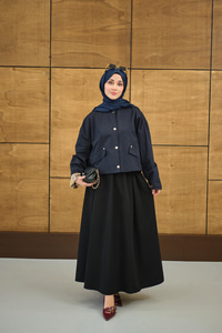 Bisiklet Yaka Astarı Desenli Çıtçıtlı Regular Gabardin Kısa Trenç Lacivert