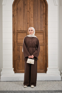 Bisiklet Yaka Bel Bağlamalı Basic Takım Kahverengi