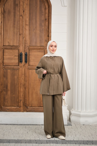 Bisiklet Yaka Bel Bağlamalı Basic Takım Haki Yeşil