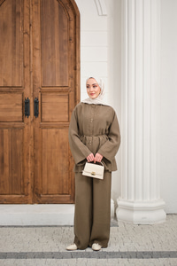 Bisiklet Yaka Bel Bağlamalı Basic Takım Haki Yeşil