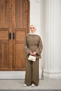 Bisiklet Yaka Bel Bağlamalı Basic Takım Haki Yeşil