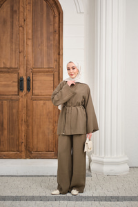 Bisiklet Yaka Bel Bağlamalı Basic Takım Haki Yeşil