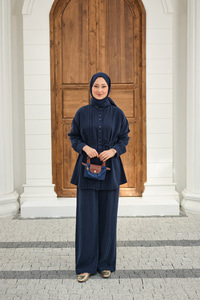 Bisiklet Yaka Bel Bağlamalı Dikiş Detay Takım Lacivert