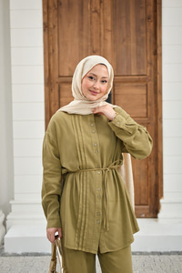 Bisiklet Yaka Bel Bağlamalı Dikiş Detay Takım Yağ Yeşil