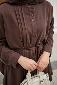 Bisiklet Yaka Bel Bağlamalı Dikiş Detay Takım Kahverengi