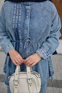 Bisiklet Yaka Bel Bağlamalı Dikiş Detay Takım Buz Mavi