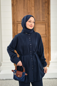 Bisiklet Yaka Bel Bağlamalı Dikiş Detay Takım Lacivert