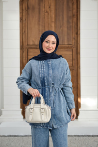 Bisiklet Yaka Bel Bağlamalı Dikiş Detay Takım Buz Mavi